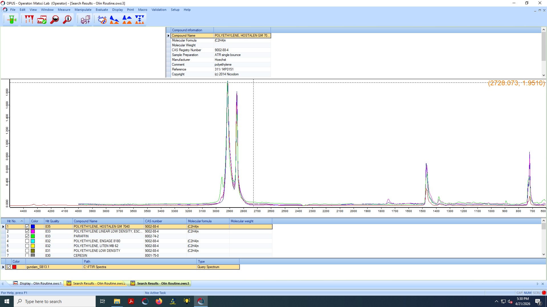 FTIR-ATR spectrum of PC7 sample with polyethylene library matches.