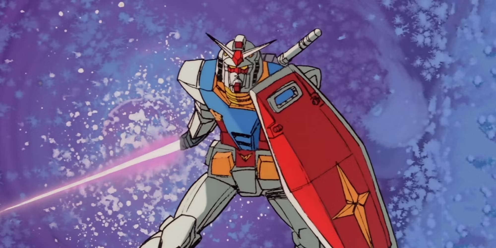 RX-78-2 Gundam in battle, shield raised and beam saber drawn.